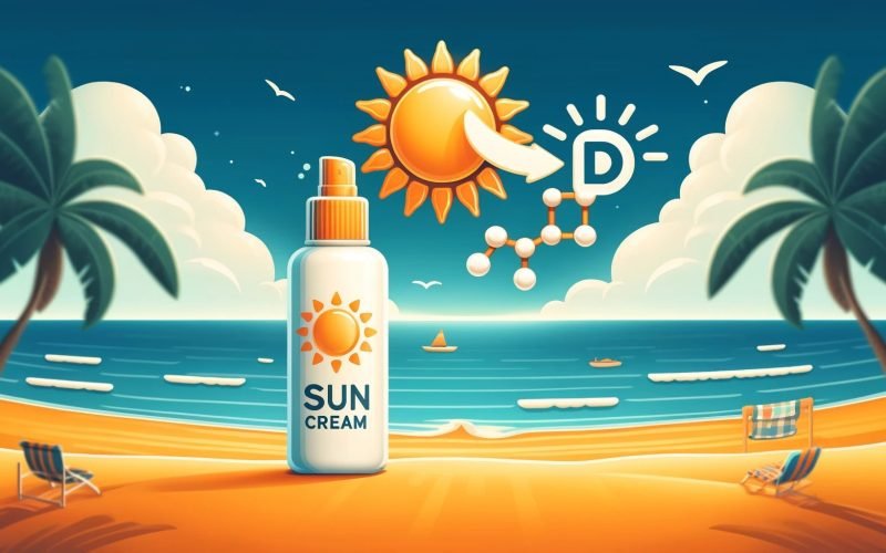 Illustration of sun cream on the beach with a sun icon and Vitamin D molecule, symbolizing the balance of sun exposure and protection.