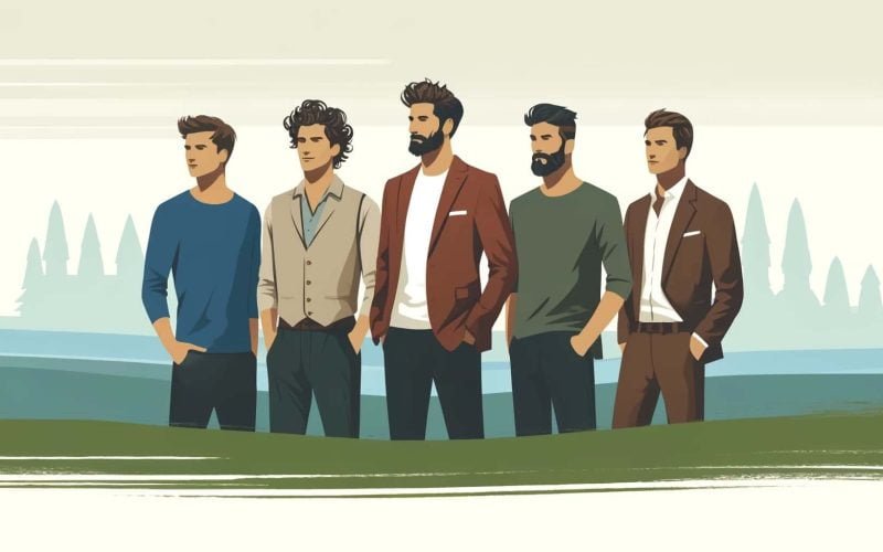 Diverse men showcasing modern hairstyles for oily, dry, curly, and straight hair types, exemplifying men's hair care mastery.