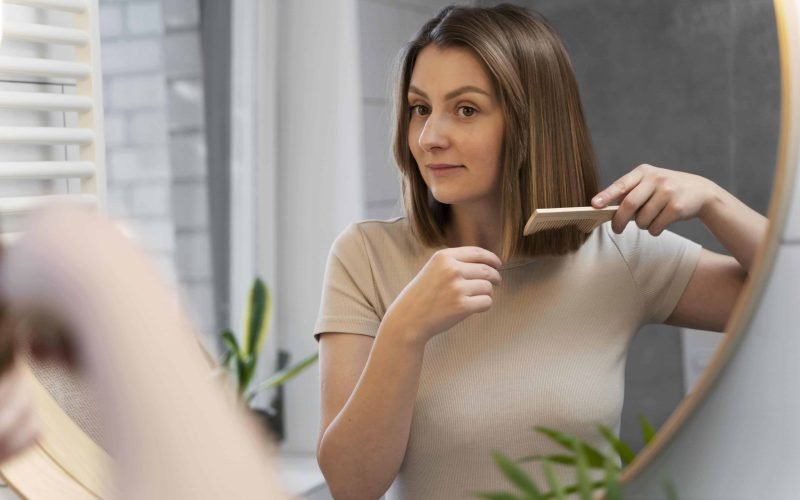 Woman practicing effective hair care at home by combing her healthy shoulder-length hair.