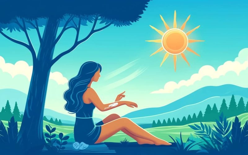 A woman sits under a tree, applying sunscreen to her arm, illustrating the safe enjoyment of sunlight for skin health.