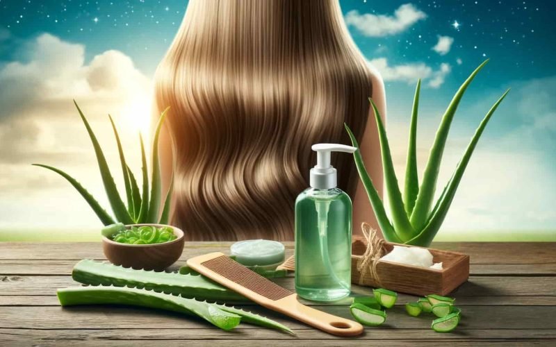 Aloe vera leaves, aloe vera gel, and hair care products with healthy shiny hair in the background, emphasizing the benefits of aloe vera for hair growth.