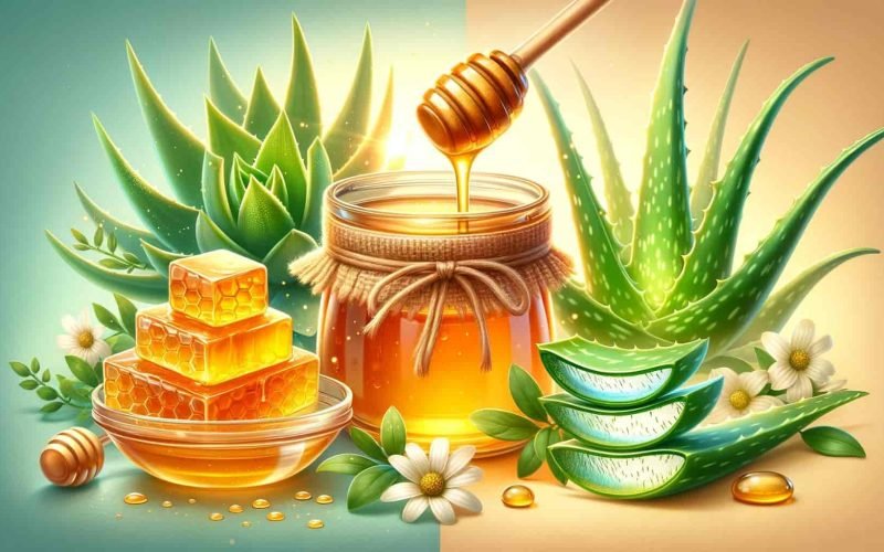 Landscape image showing honey and aloe vera for face care, highlighting the benefits of Honey vs. Aloe Vera for Face Care.