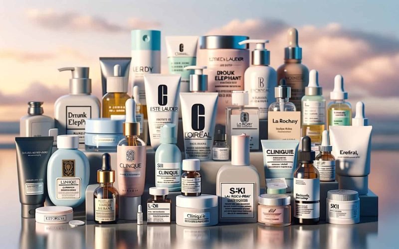 Products from the most influential face care brands clearly labeled, including Estee Lauder, L'Oreal, Clinique, SK-II, La Roche-Posay, Neutrogena, Drunk Elephant, The Ordinary, and Kiehl's.