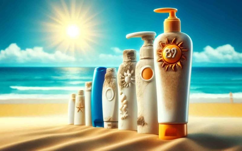 Aged sun cream bottle on a beach, symbolizing sun cream shelf life.